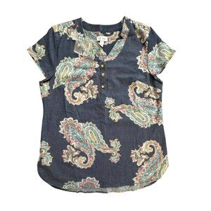 D&Co Denim & Co Blue Paisley Blouse Short Sleeve V-Neck Buttons Size Medium NWT